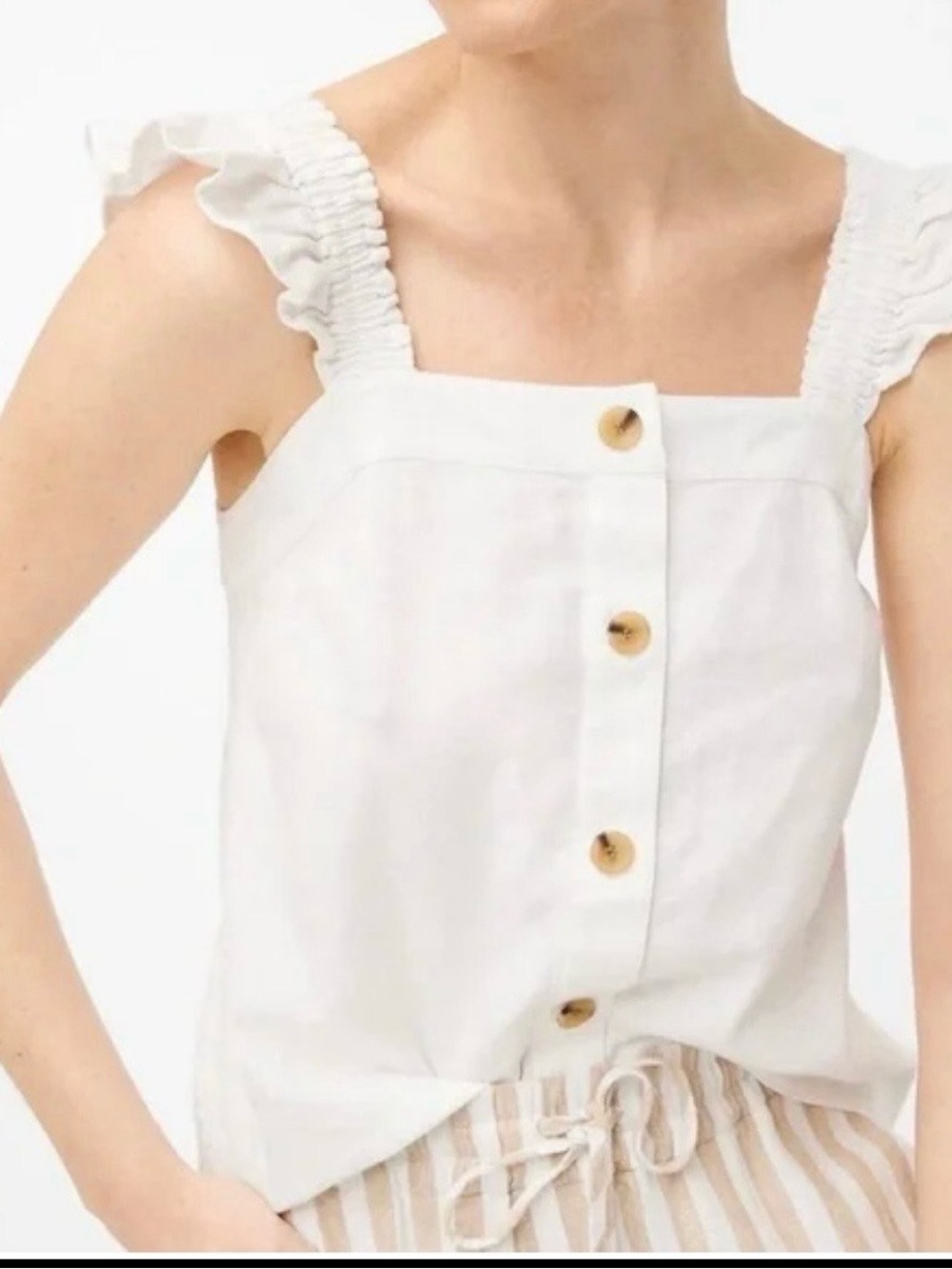 J.CREW White Woven Linen-Viscose Square Neck Ruffle Strap Button Tank M